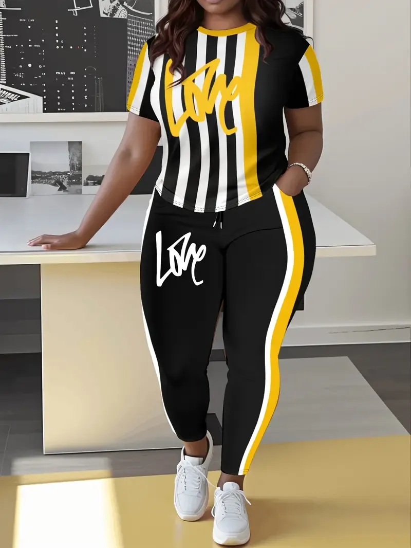 Plus Size Striped Love Print Pants Set
