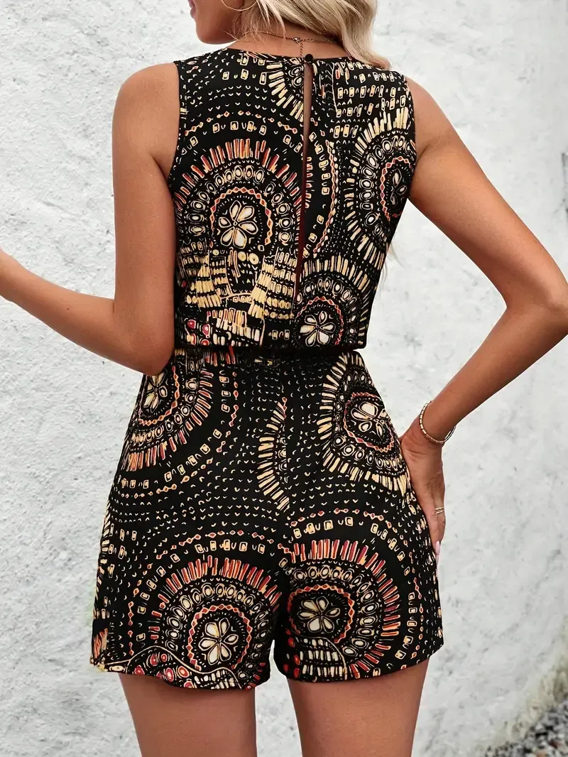 Allover Print Tank Romper Jumpsuit, Elegant Sleeveless Romper Jumpsuit For Summer & Spring, Women's Clothing