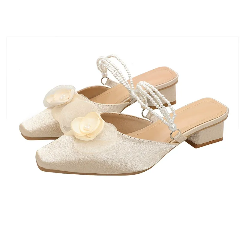 🔥2025 HOT SALE -50%🔥New Arrival Chunky Heel Mid-Height Women's Shoes Versatile Floral Silk Pumps French Mary Jane Square-Toe Flats for Women