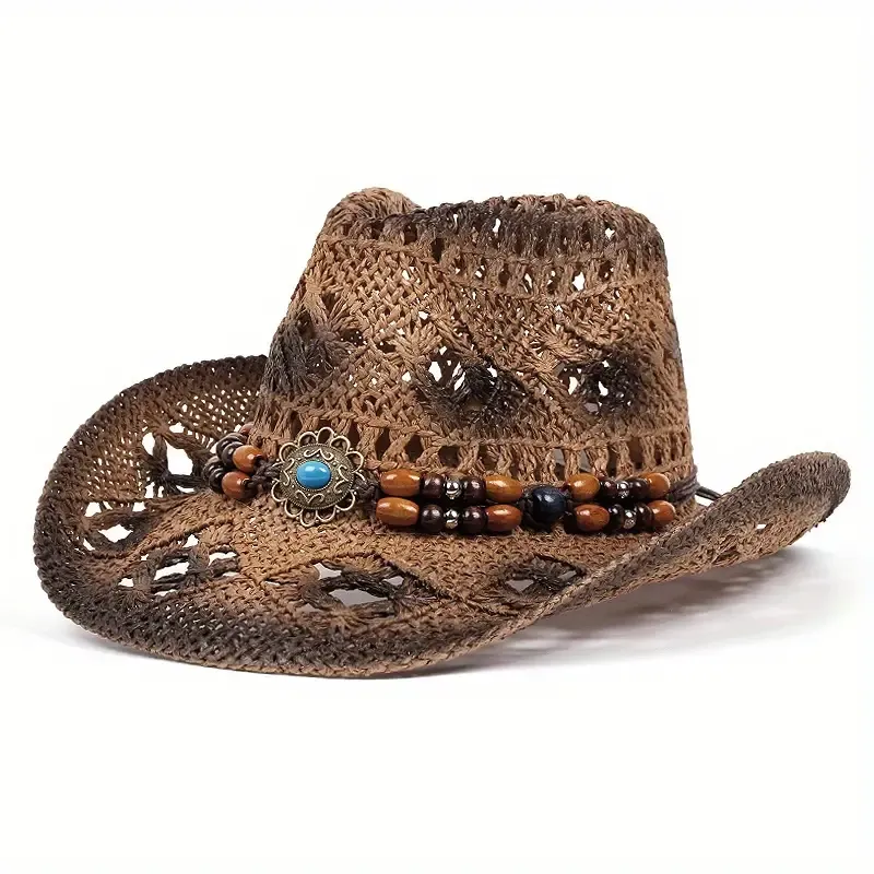 Summer Wide Brim Women's Western Cowboy Hat with Beaded Hatband, Hollow Out Straw Sun Protection Hat for Beach Festival