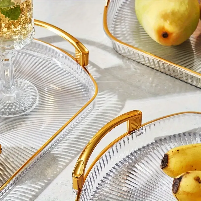 3pcs European Style Gold-Rimmed Acrylic Serving Tray, Rectangular Decorative Platter with Handles for Fruit, Tea, Desserts, and Jewelry Display