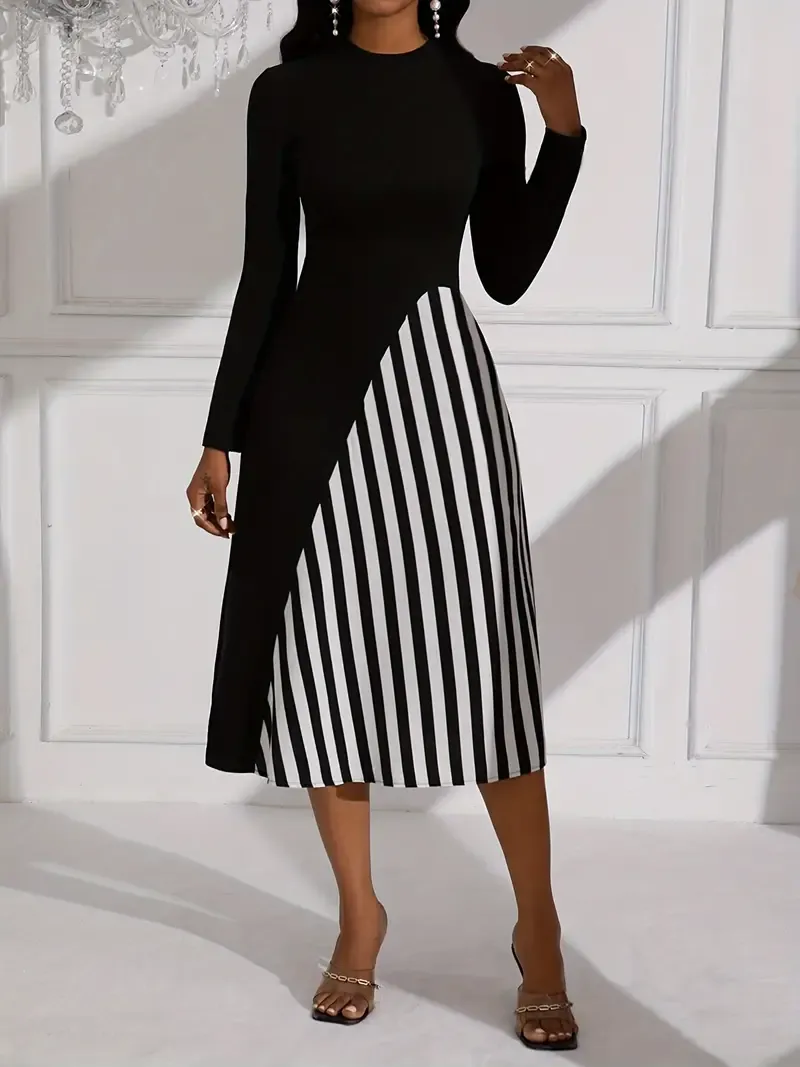 Long Sleeve Striped Print Crew Neck A-line Dress, Elegant Asymmetric,Women's Clothing