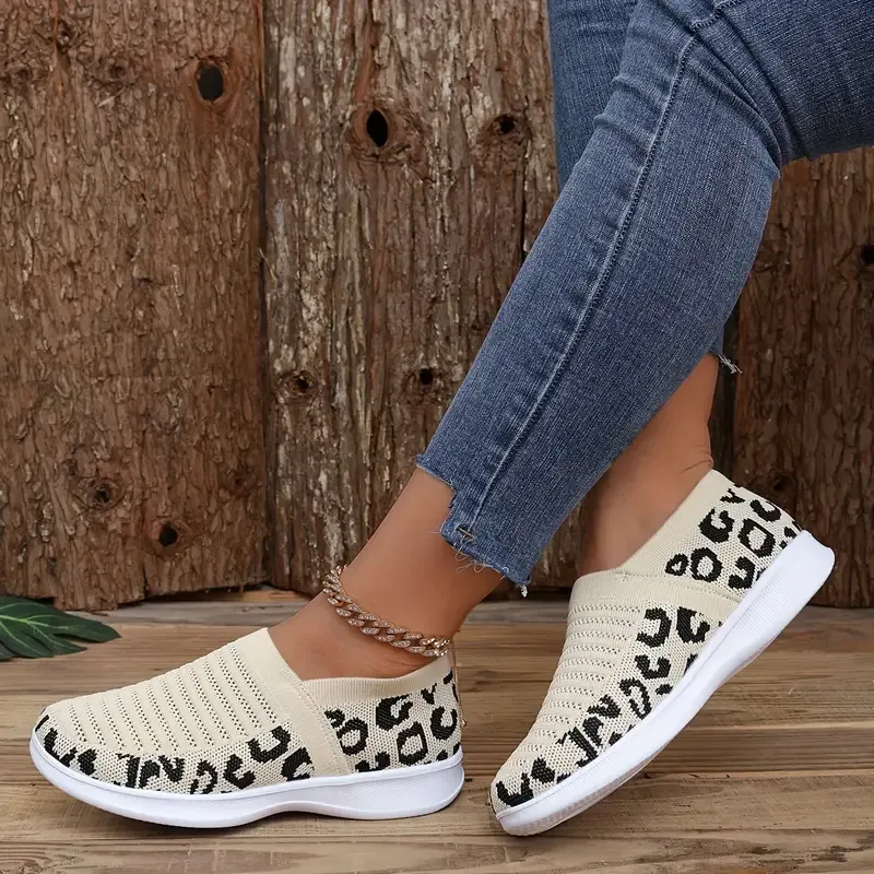 Women's Leopard Print Knit Sneakers, Slip On Breathable Flat Stretch Casual Shoes, Lightweight Low-top Comfy Shoes