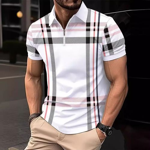 Men's Plaid Pattern Short Sleeve Lapel T-shirt For Summer, Casual Stylish Versatile Street Style Tops As Gift