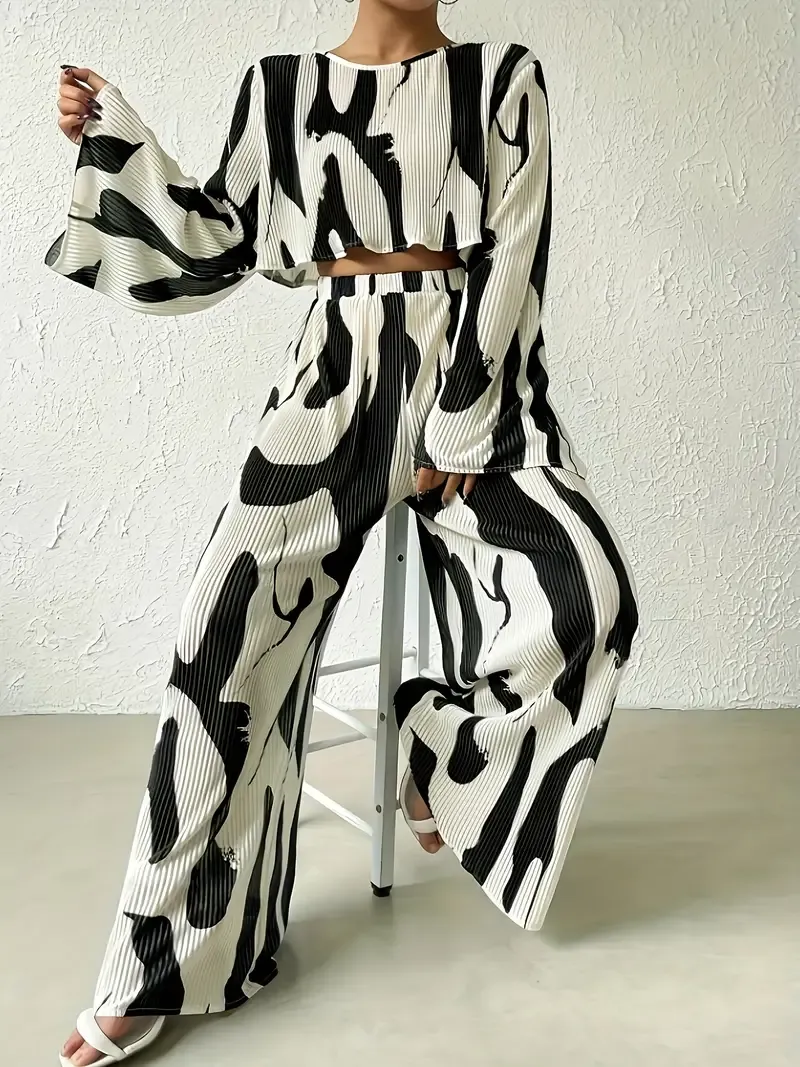 Long Sleeve Two Tone Elegant Pantsuit, Crew Neck Top & Wide Leg Loose Pants, Women's Clothing