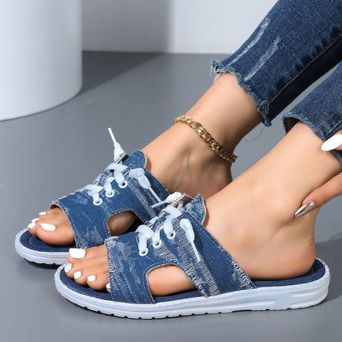 Flat-bottomed daily canvas one-line women's slippers