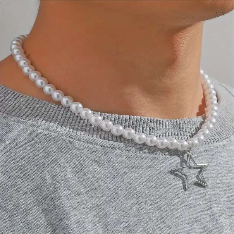1pc Pentagram Simple Handmade Pearl Pendant Necklace For Men faux pearl