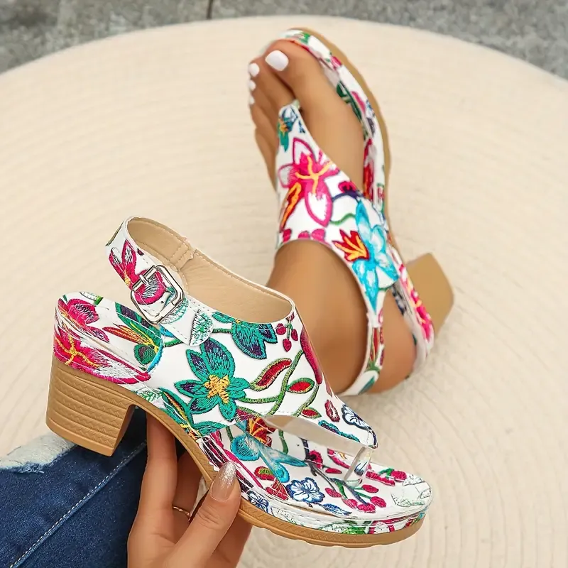 🔥🔥Hot Sale Promotion 🔥🔥-Women's Floral Print Thong Sandals,🔥🔥 Fashion Ankle Strap Slingback Block Heels, All-Match Going Out Clip Toe Shoes