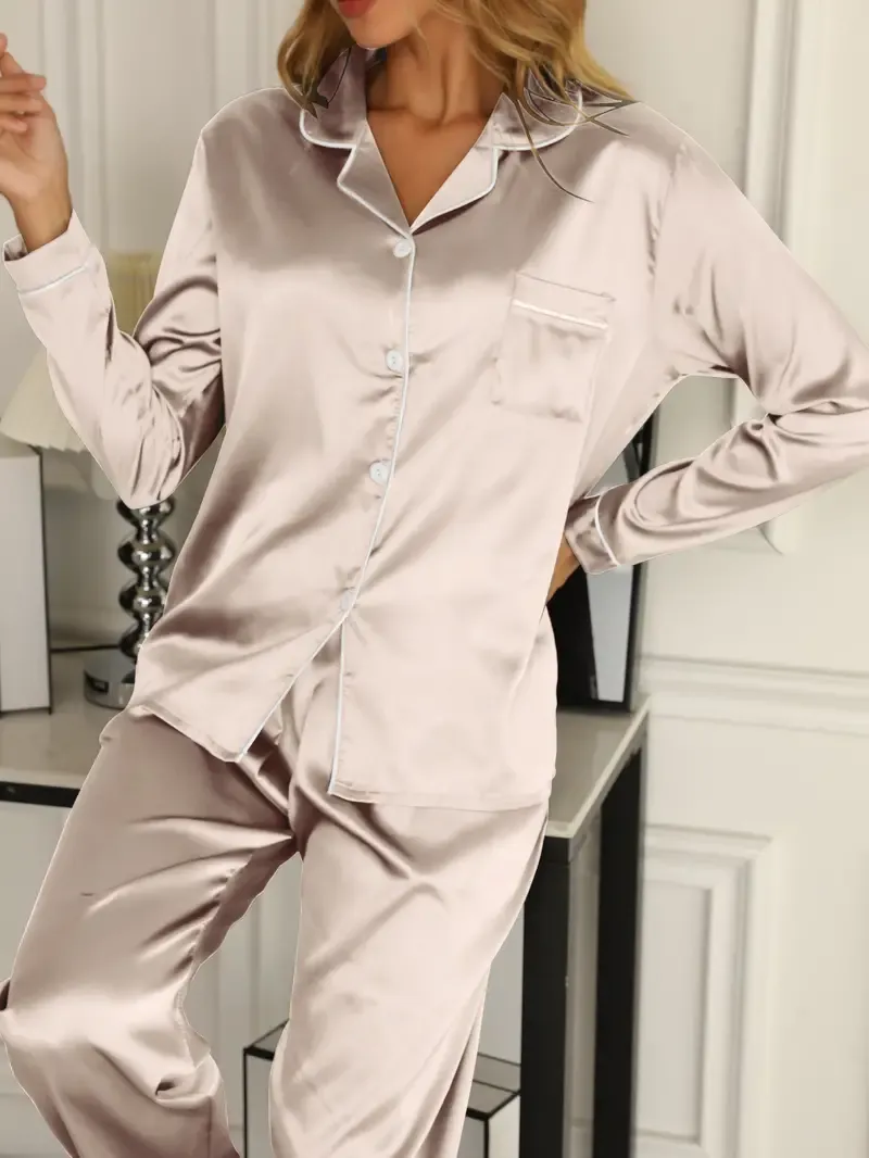 Solid Pajama Set, Long Sleeve Button Up Lapel Top & Pants Pj Set, Women's Sleepwear & Loungewear