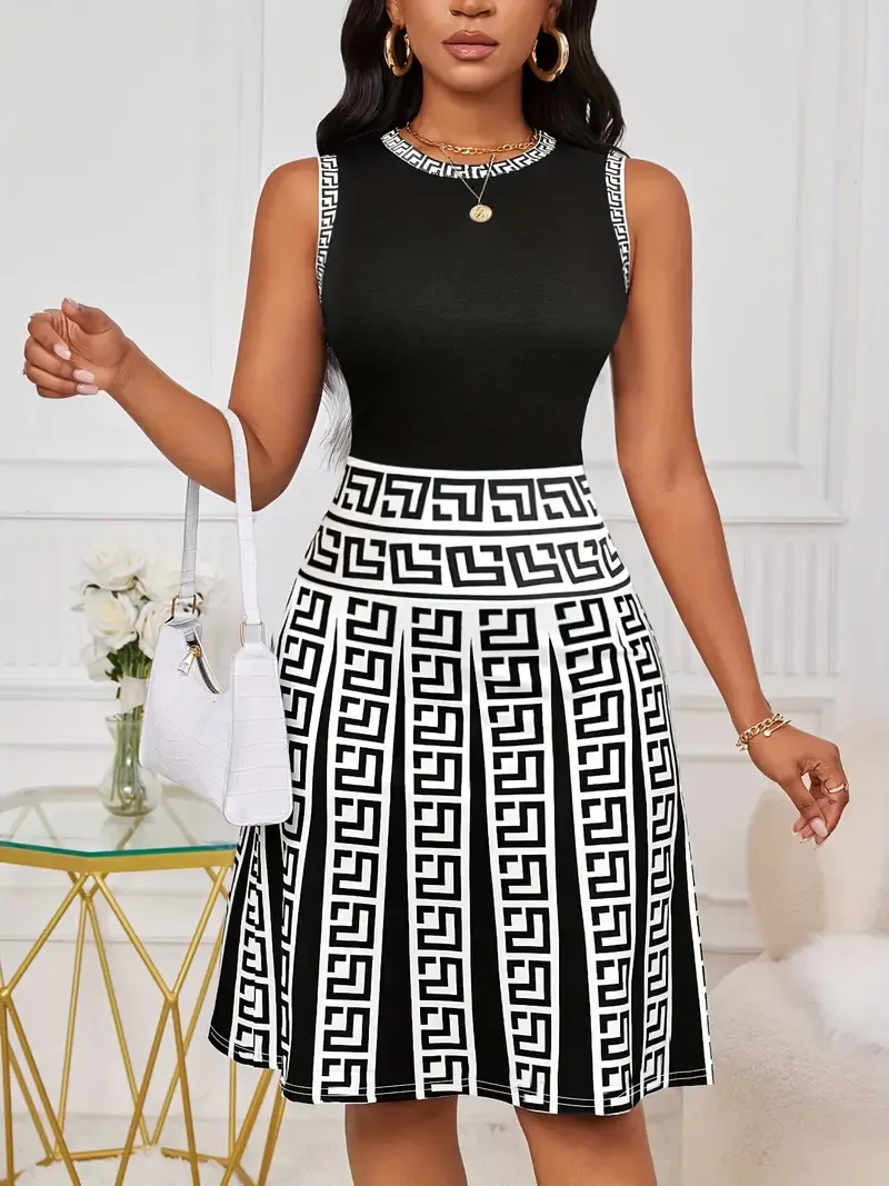 Geo Print Splicing Tank Dress, Elegant Sleeveless Crew Neck Dress For Spring & Summer, Women's Clothing