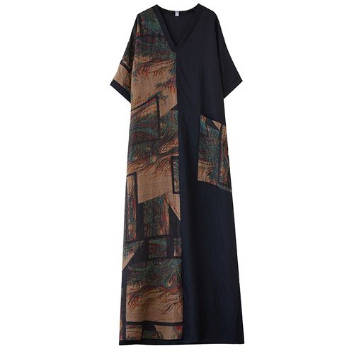 Women's Plus Boho Lounge Dress, Plus Size Colorblock Peacock Feather Print Batwing Sleeve V Neck Loose Nightdress With Pockets