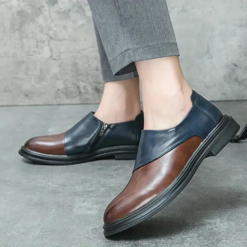 Men's Block Color PU Leather Loafers, Wear-resistant Anti-skid Dress Shoes With Side Zippers For Business Office