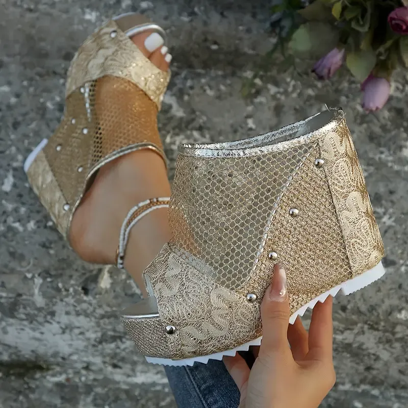 Women's Solid Color Mesh Sandals, Platform Slip On Walking Casual Vacation Shoes, Breathable Wedge Shoes