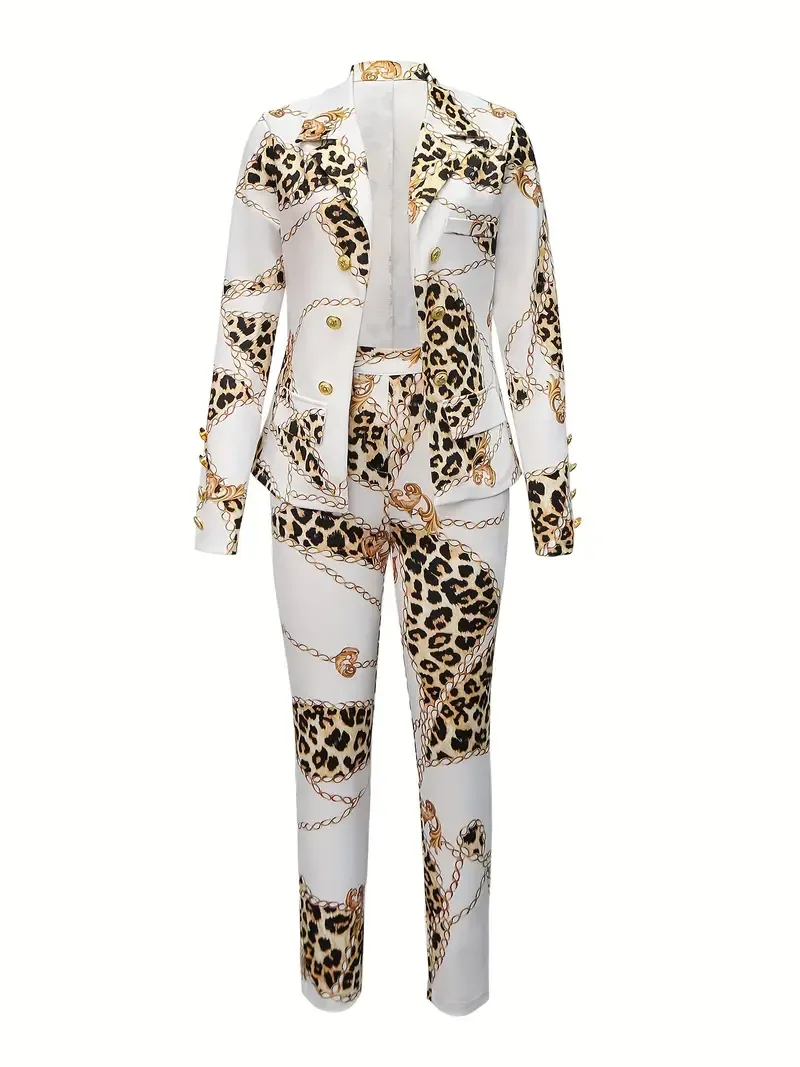 Chain Print Casual Two-piece Set, Lapel Long Sleeve Blazer & Pants Outfits, Women's Clothing