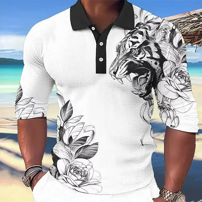 Men's Fashion Music Print Long Sleeve Shirt Men's Casual Stand Collar Long Sleeve Shirt