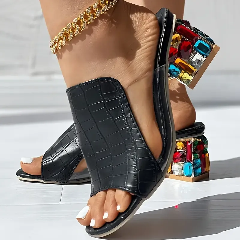 Women's Embroidered Rhinestone Decor Sandals, Slip On Peep Toe Block Heel Slides Shoes, Summer Comfy Daily Footwear