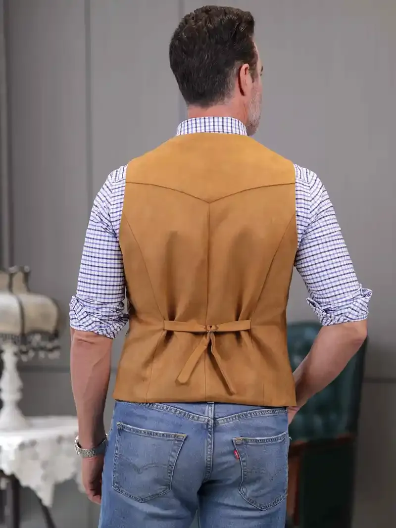 Men's Suede Leather Vest Vintage Cowboy Style Sleeveless Jacket