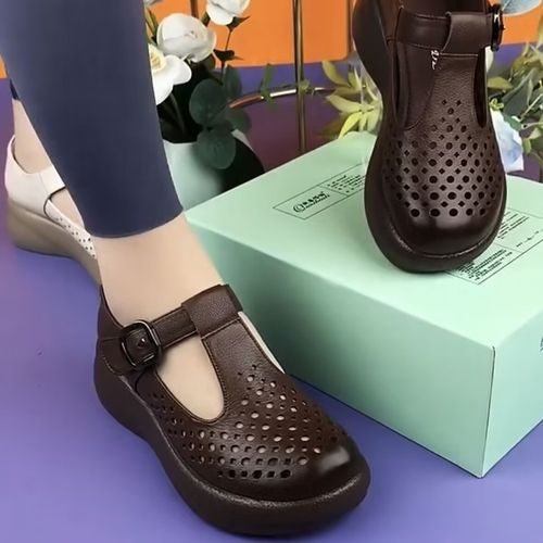 Casual, comfortable and breathable perforated single shoes, genuine leather round-toe soft-soled crocs