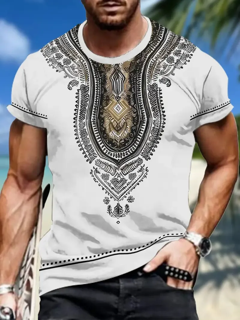 Men's Casual Outdoor T-Shirt With Random Print, Polyester Blend, Moisture-Wicking, Quick-Drying, And Breathable