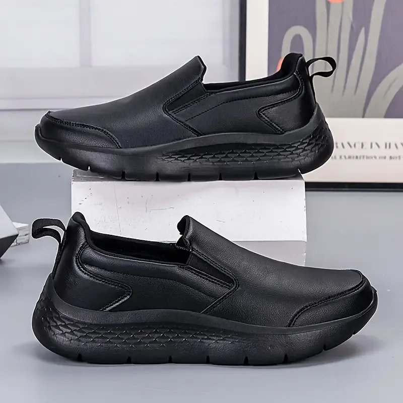 Men's Slip-On Sneakers - Casual Sport Loafers with Solid Color, Non-Slip Rubber Sole, Comfort Shock Absorption, Waterproof Oil-Resistant, Round Toe PU Upper, Fall Lightweight Athletic Shoes Without Lining