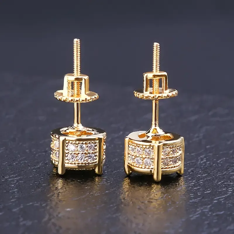 2pcs ICED CHICS S925 Silver Hip-hop Men's Earrings With Syntheitc Zirconia Micro-setting Color Plating Round Earrings