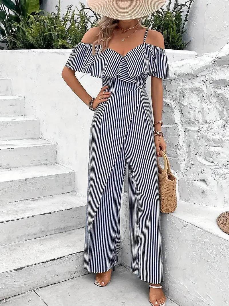 Summer Striped Spaghetti Strap Jumpsuit with Ruffle Trim, Straight Leg, Women's Clothing for Vacation Style