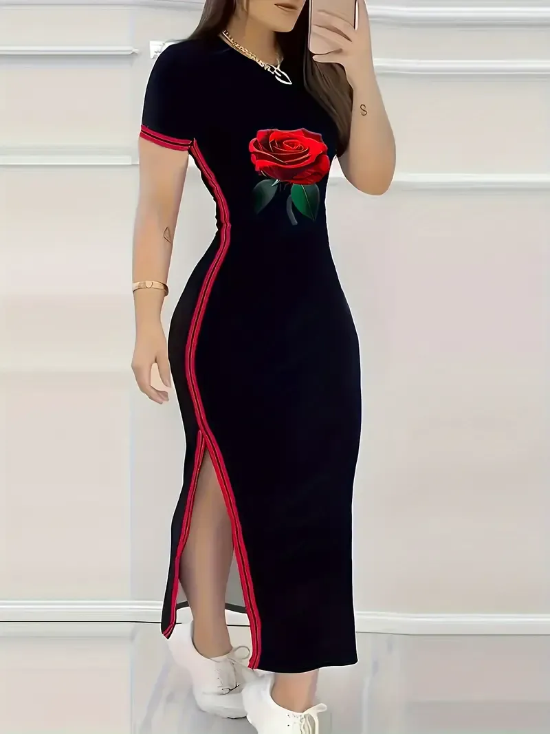 Short Sleeve Ankle Length Rose Contrast Trim Chic Slit Dress for Spring & Summer, Women's Clothing