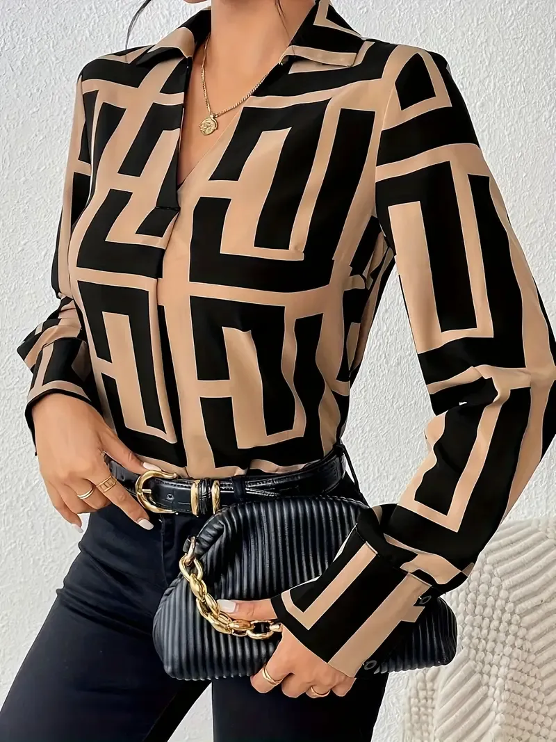 Geo Print V Neck Lapel Blouse, Casual Long Sleeve Blouse For Spring & Fall, Women's Clothing