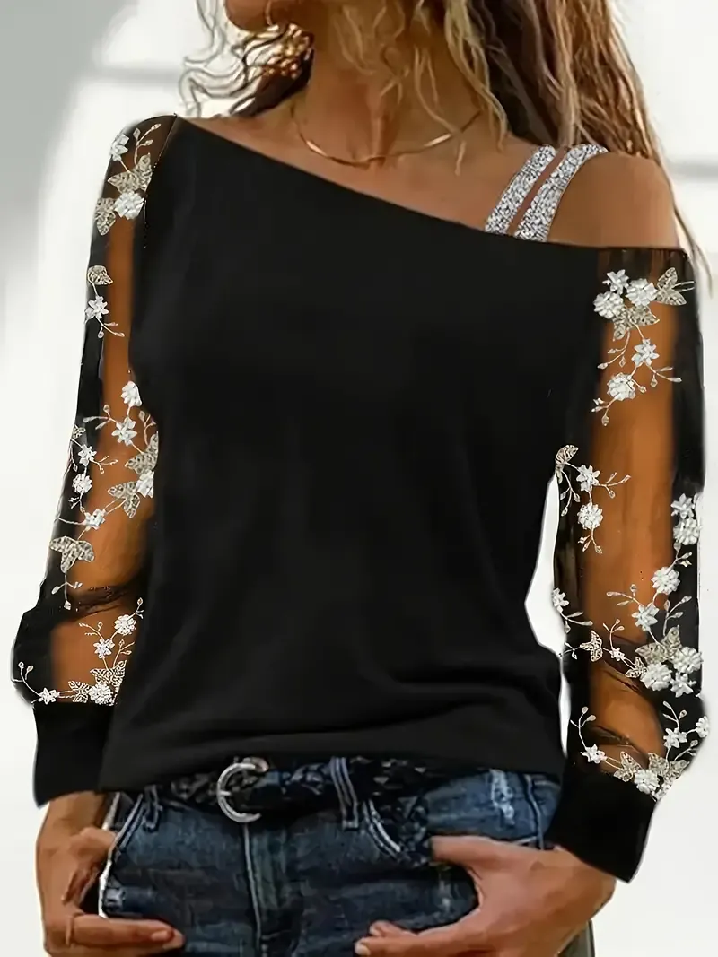Elegant Floral Embroidered Asymmetric Neck T-Shirt