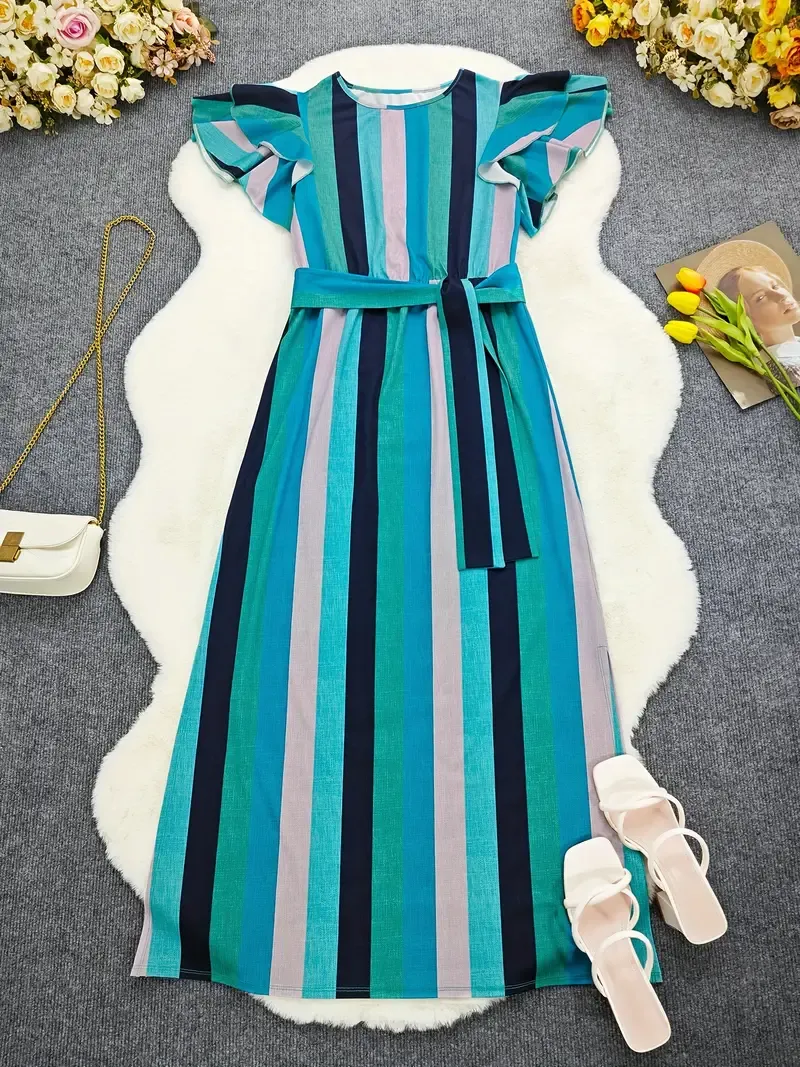 For Spring & Summer, Cinched Waist A-line Maxi Striped Crew Neck Dress, Elegant Ruffle Sleeve Women's Clothing