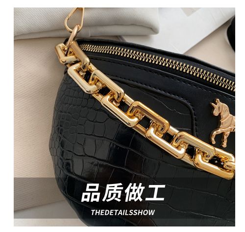 Crocodile Pattern Chest Bag, PU Leather Crossbody Bag, Chain Decor Waist Bag With Wide Strap