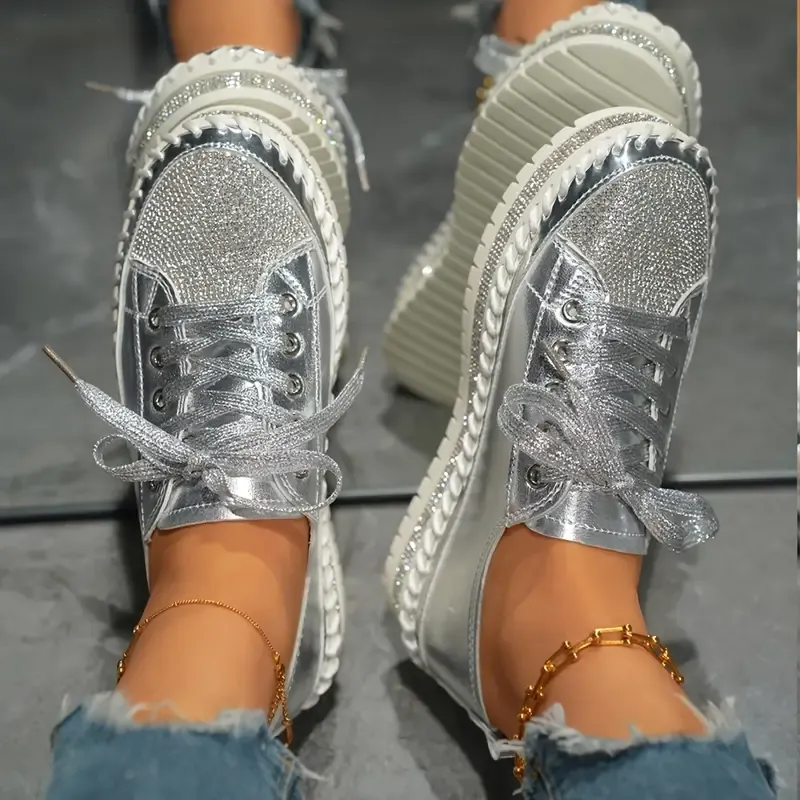🔥🔥Hot Sale Promotion -Women's Fashion Skate Shoes, Lace Up Rhinestone Decor Platform Sneakers, Thick Bottom Outdoor Sports Shoes For Music Festival