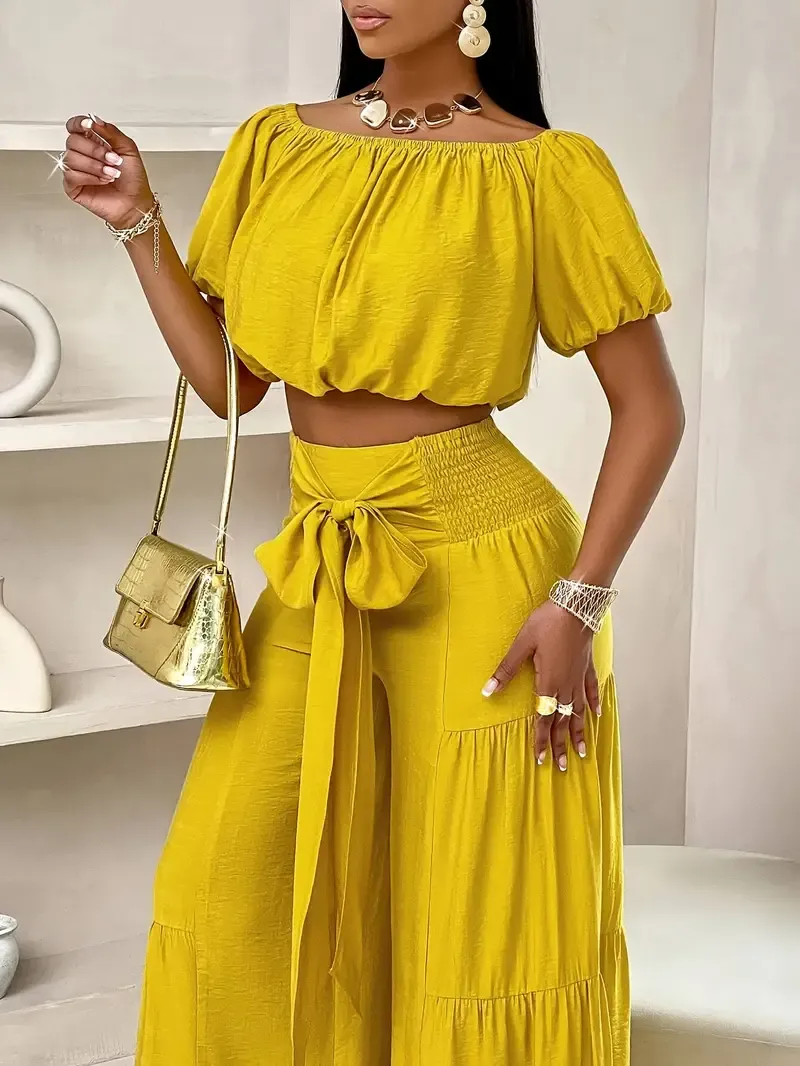 Two-piece Solid Vacation Style Outfits, Off Shoulder Puff Sleeve Top & Loose Tie Shirred Waist Wide Leg Pants Set for Summer, Women's Clothing