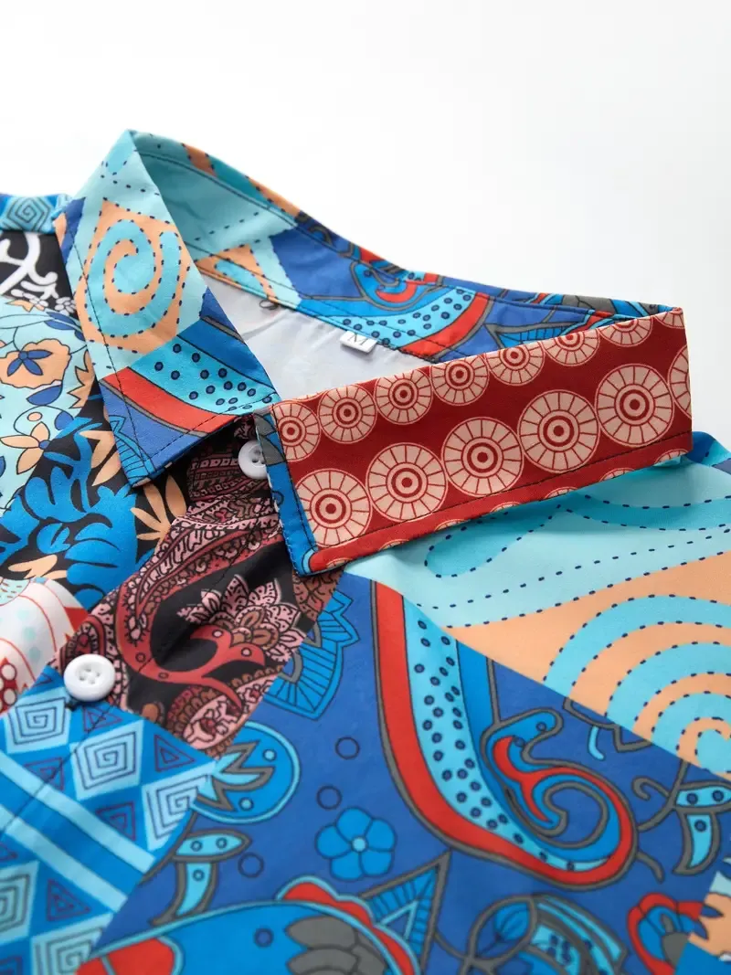 Ethnic Color Block Men's 2Pcs Outfits, Casual Camp Collar Lapel Button Up Short Sleeve Shirts Hawaiian Shirt And Drawstring Shorts Set For Summer, Men's Clothing
