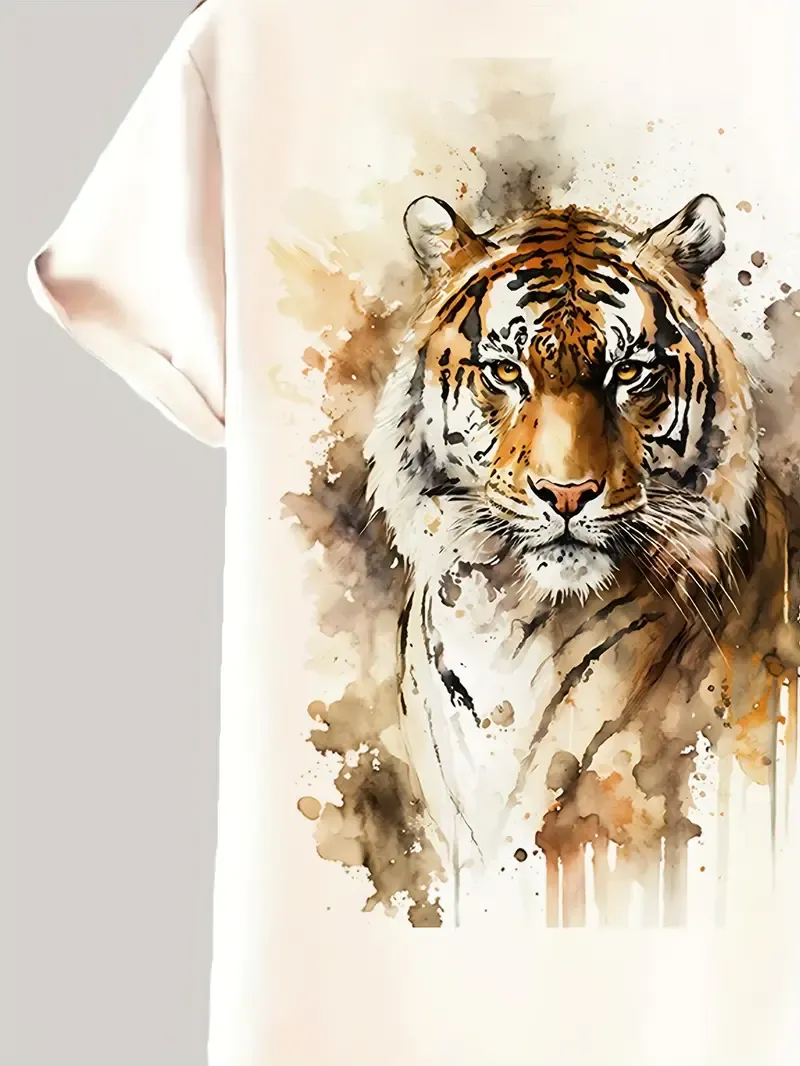 Painting Tiger Pattern Men's Vintage Short Sleeve Button Down Shirt, Men's Leisurewear For Summer Holiday