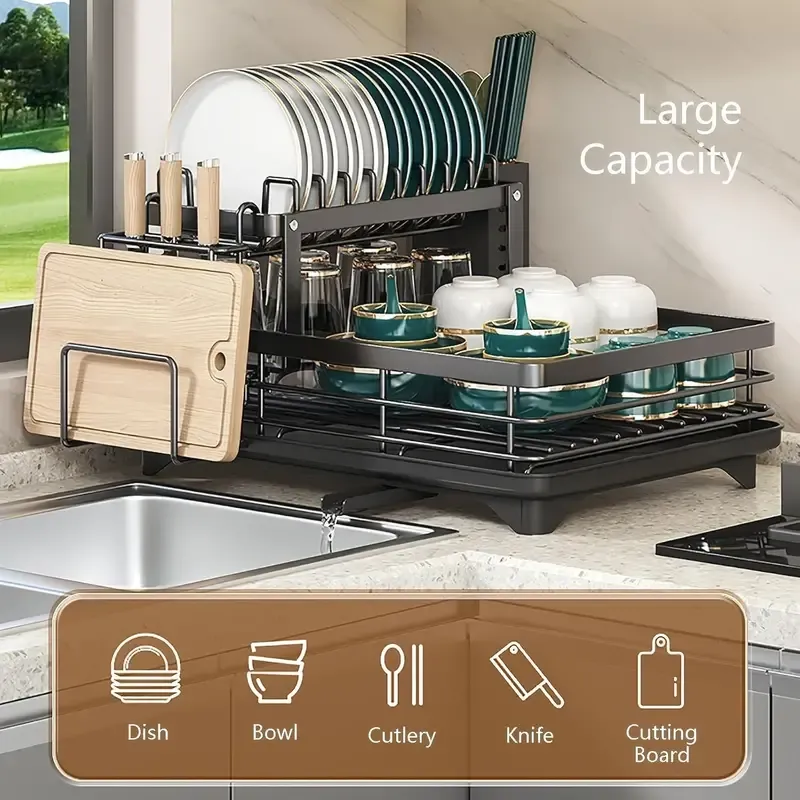 2-Tier Dish Drying Rack, Large Dish Drying Rack With Drainboard Set, Dish Racks For Kitchen Counter