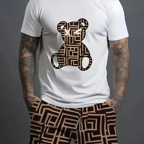 Men's Bear & Squares Pattern Graphic Print T-Shirt & Shorts co ord set For Summer, 2Pcs Outfits