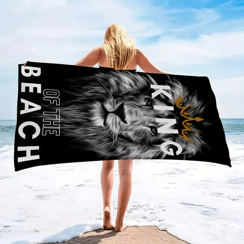 1pc Large Lion & Letter Print Beach Towel - Soft, Absorbent Microfiber for Sunscreen Protection - Perfect Beach Accessory and Holiday Gift