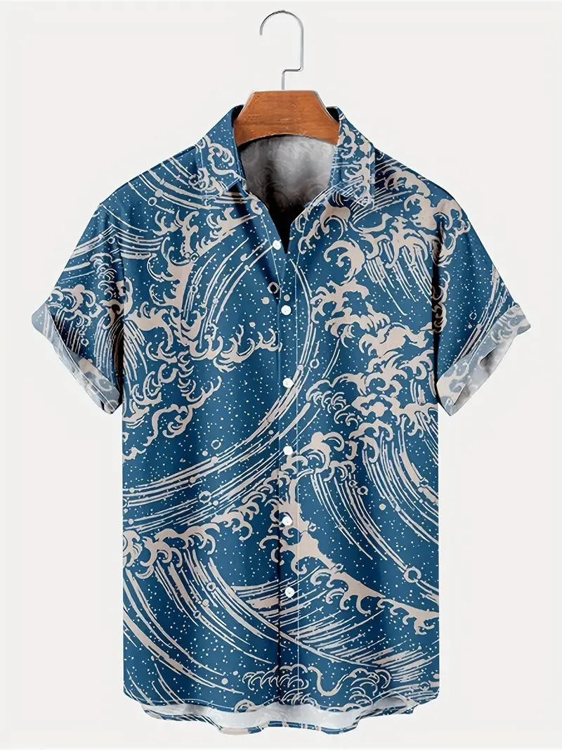 Men's Waves Carnival Arts Pattern Short Sleeve Lapel Shirt For Summer, Casual Comfy Tops As Gift