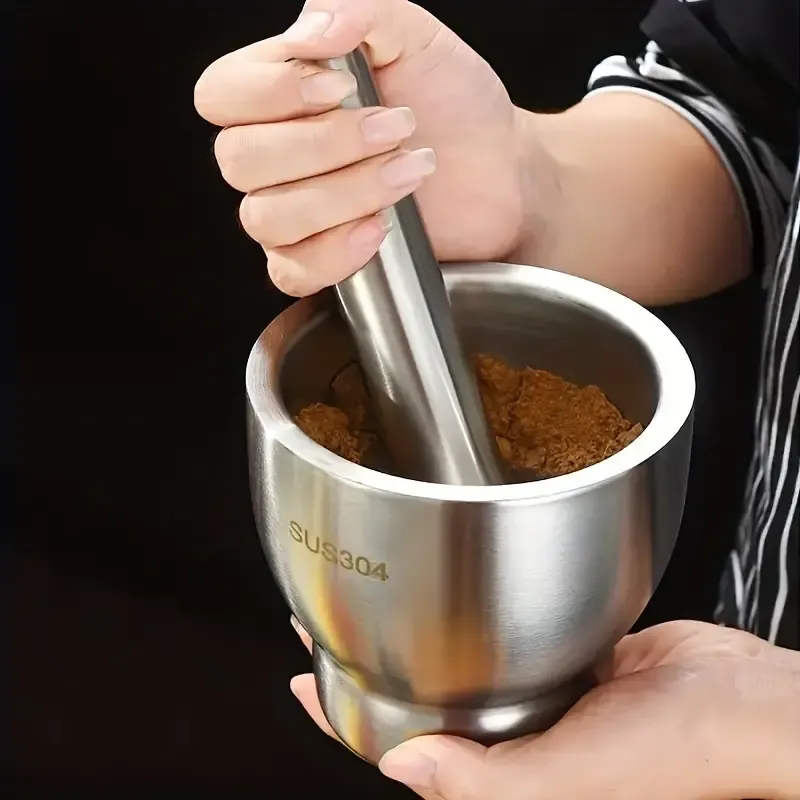 1Set, Stainless Steel Garlic Mortar & Pestle Set, Manual Garlic Masher For Herbs, Spices & Chili Peppers, Kitchen Supplies