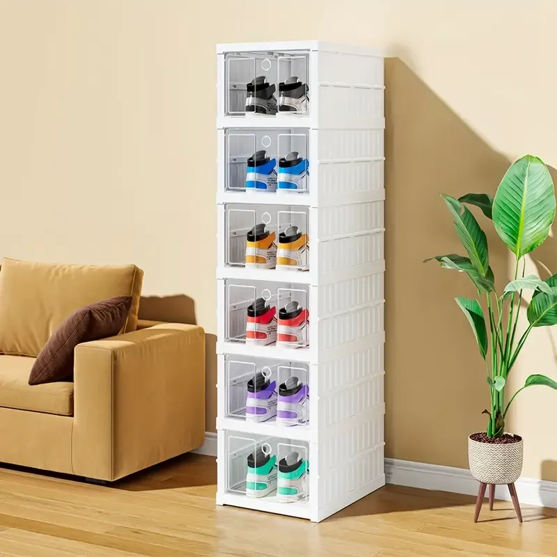 6 Tiers Shoe Organizer Storage Box, Portable Folding Shoe Rack For Closet With Clear Door, Large Sneaker Cabinet Bins