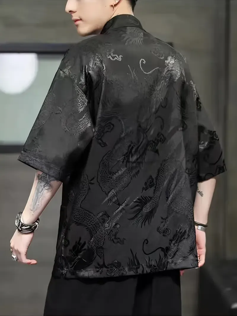 Chinese Style Dragon Print Stand Collar Short Sleeve Frog Button Up Tang Suit Shirt For Men, Lightweight And Breathable Top For Summer Daily Outerwear
