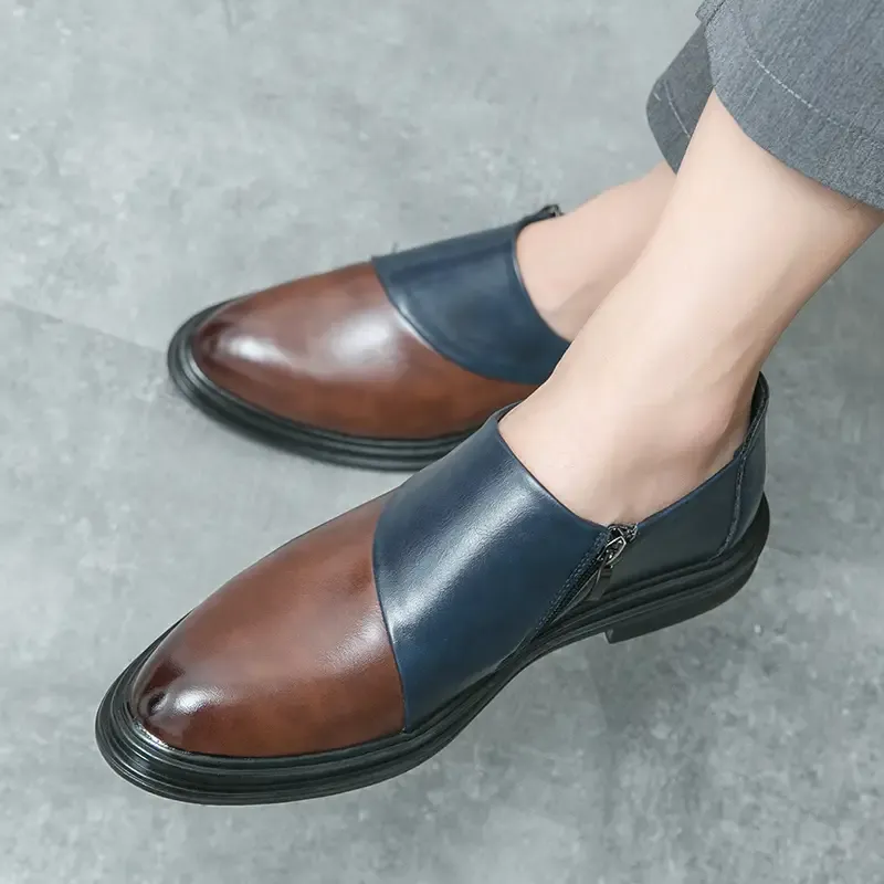 Men's Block Color PU Leather Loafers, Wear-resistant Anti-skid Dress Shoes With Side Zippers For Business Office
