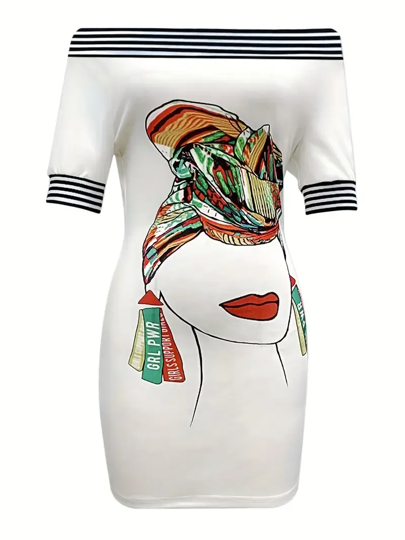 Striped & Figure Print Off Shoulder Dress, Sexy Backless Short Sleeve Dress For Spring & Summer, Women's Clothing