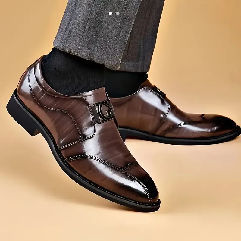 Men's Solid Bicycle Toe Dress Loafers With PU Leather Uppers, Wear-resistant Non Slip Slip On Shoes For Business Occasions, Men's Office Daily Footwear