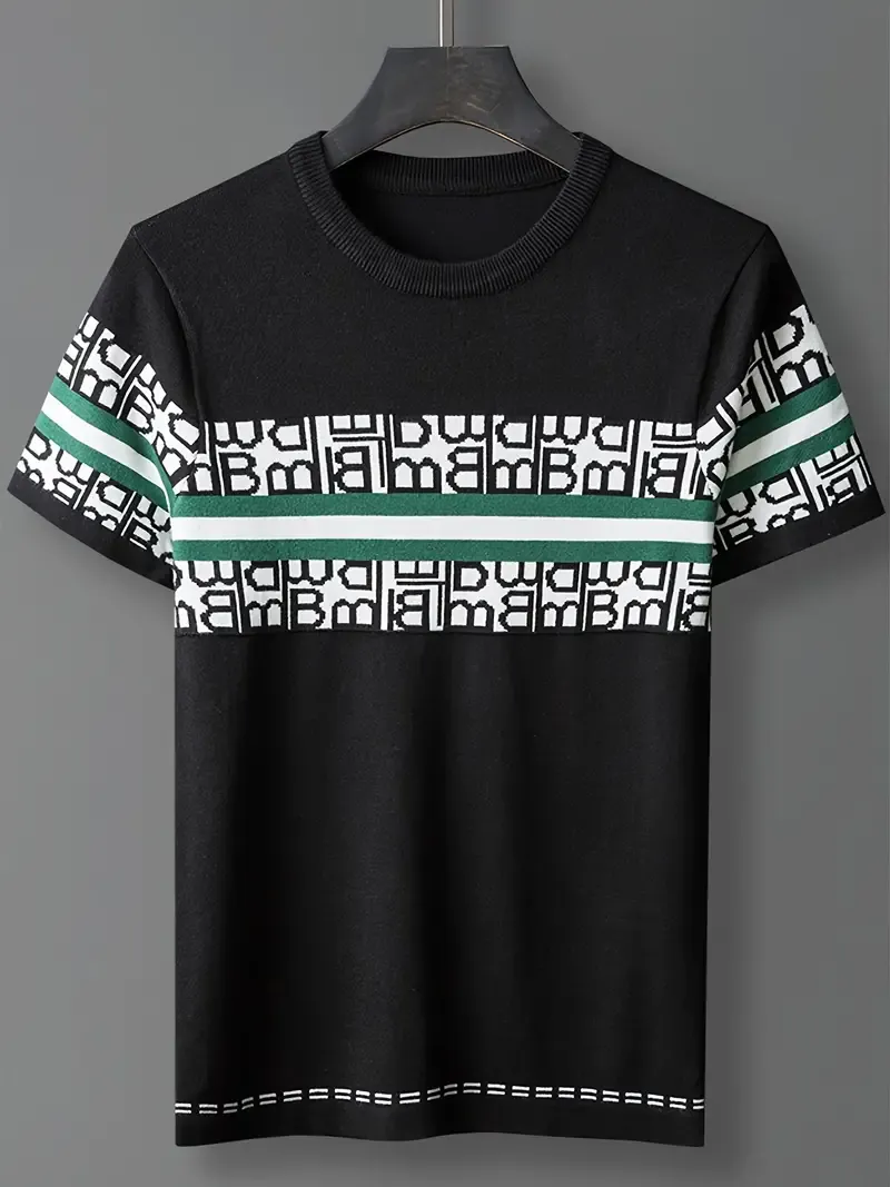Men's Geometric Graphic Print Knitted Pullover, Casual Short Sleeve Crew Neck Sweater For All Seasons