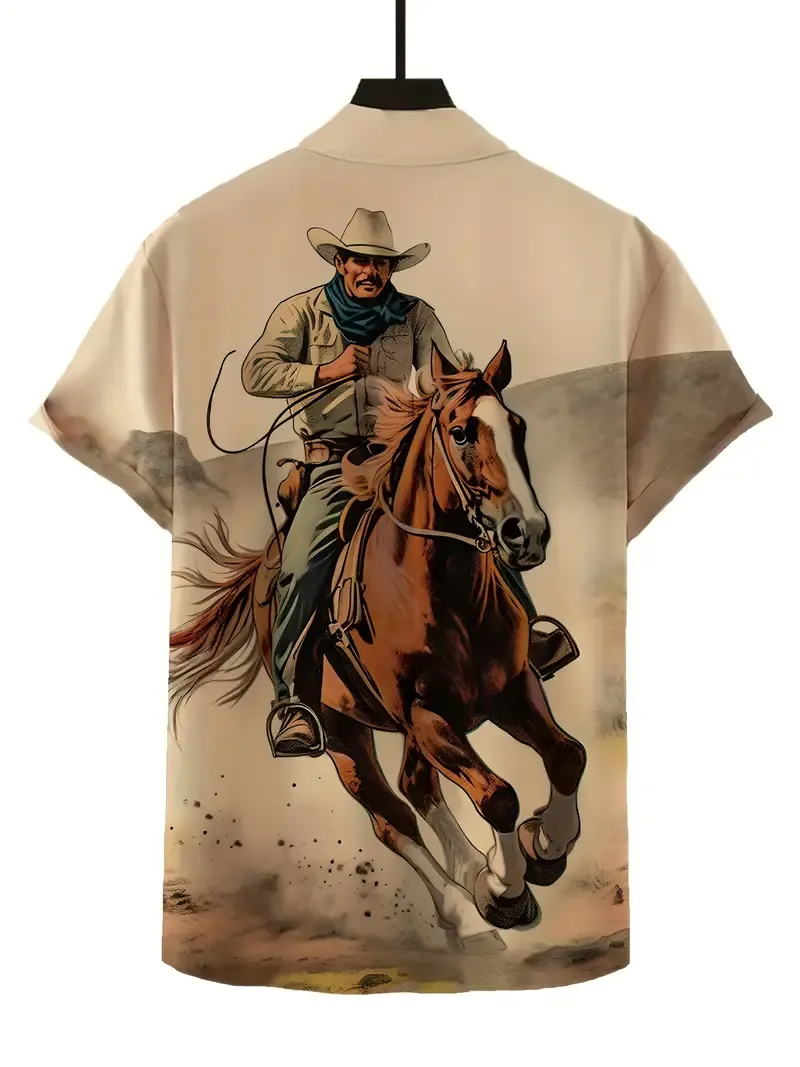Anime Western Cowboy Pattern Men's Short Sleeve Button Down Shirt, Summer Resort Vacation, Special Gift