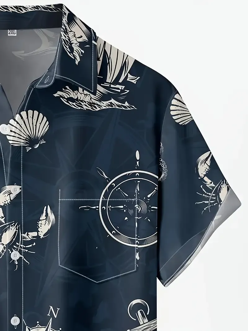 Marine Element Pattern Men's Short Sleeve Button Down Lapel Shirt For Summer Resort Holiday, Hawaiian Style