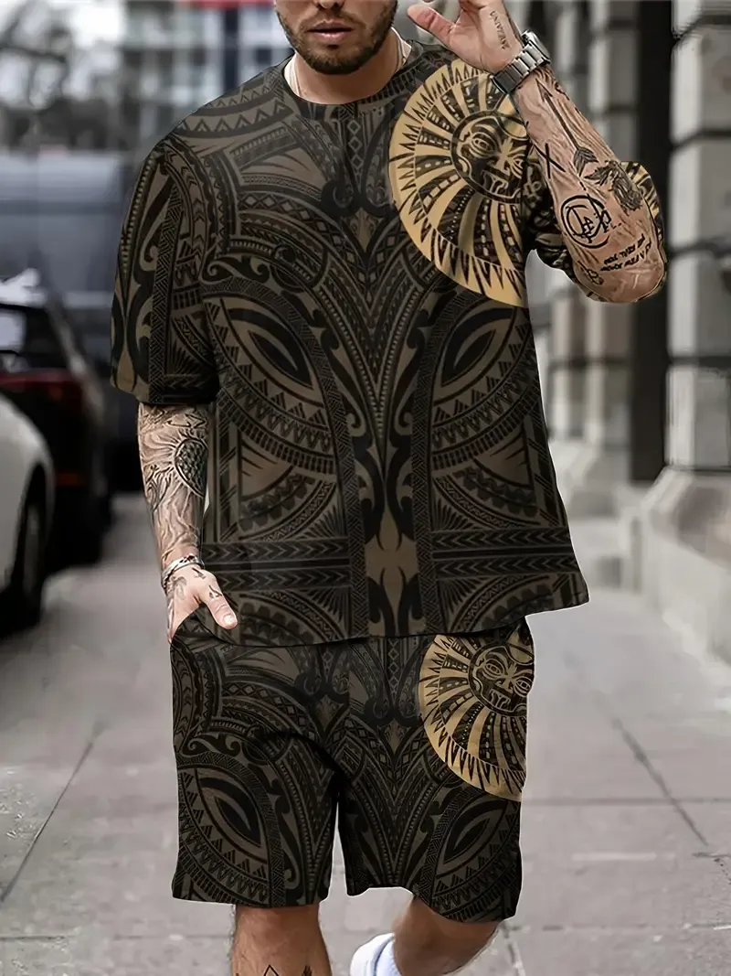 2-piece Men's Ethnic Pattern Allover Print Summer Outfit Set, Men's Short Sleeve Crew Neck T-shirt & Drawstring Shorts With Pockets