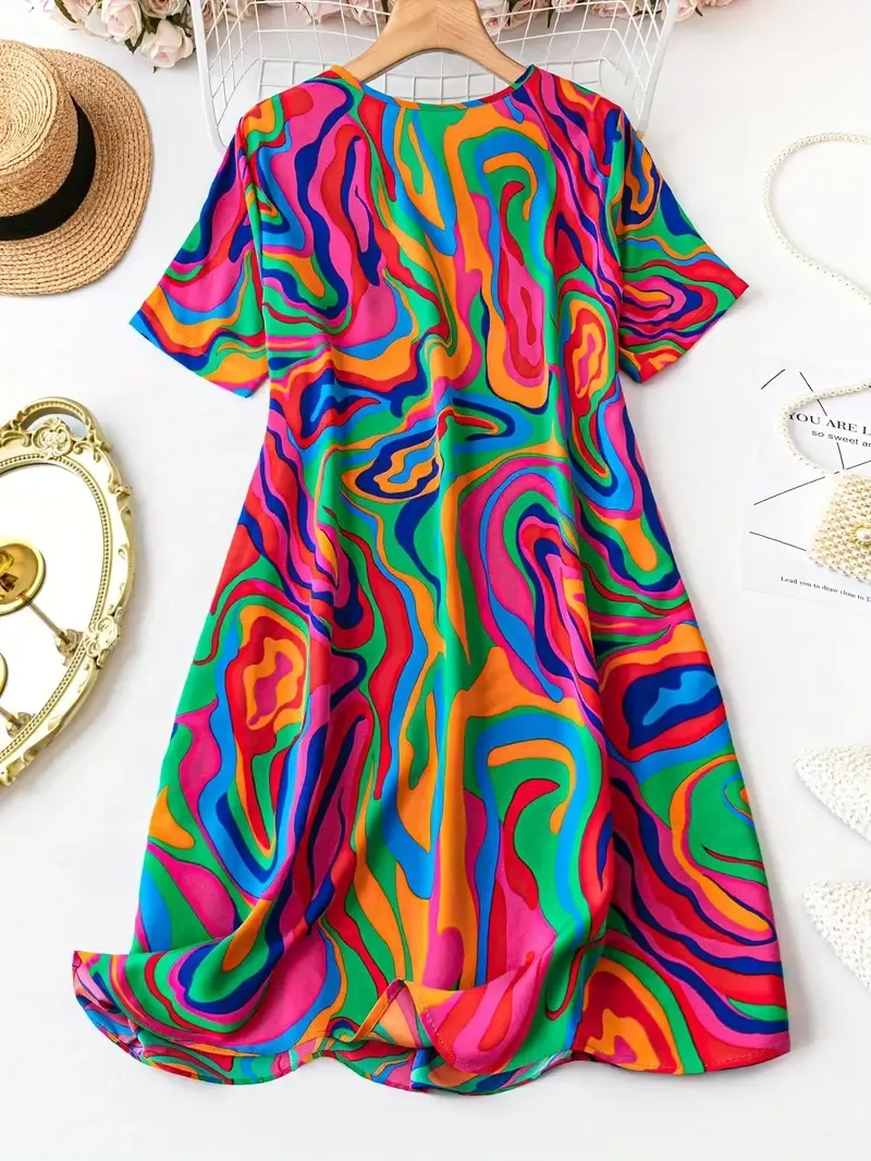 Allover Print Short Sleeve Dress, Casual Crew Neck Dress For Spring & Summer, Women's Clothing